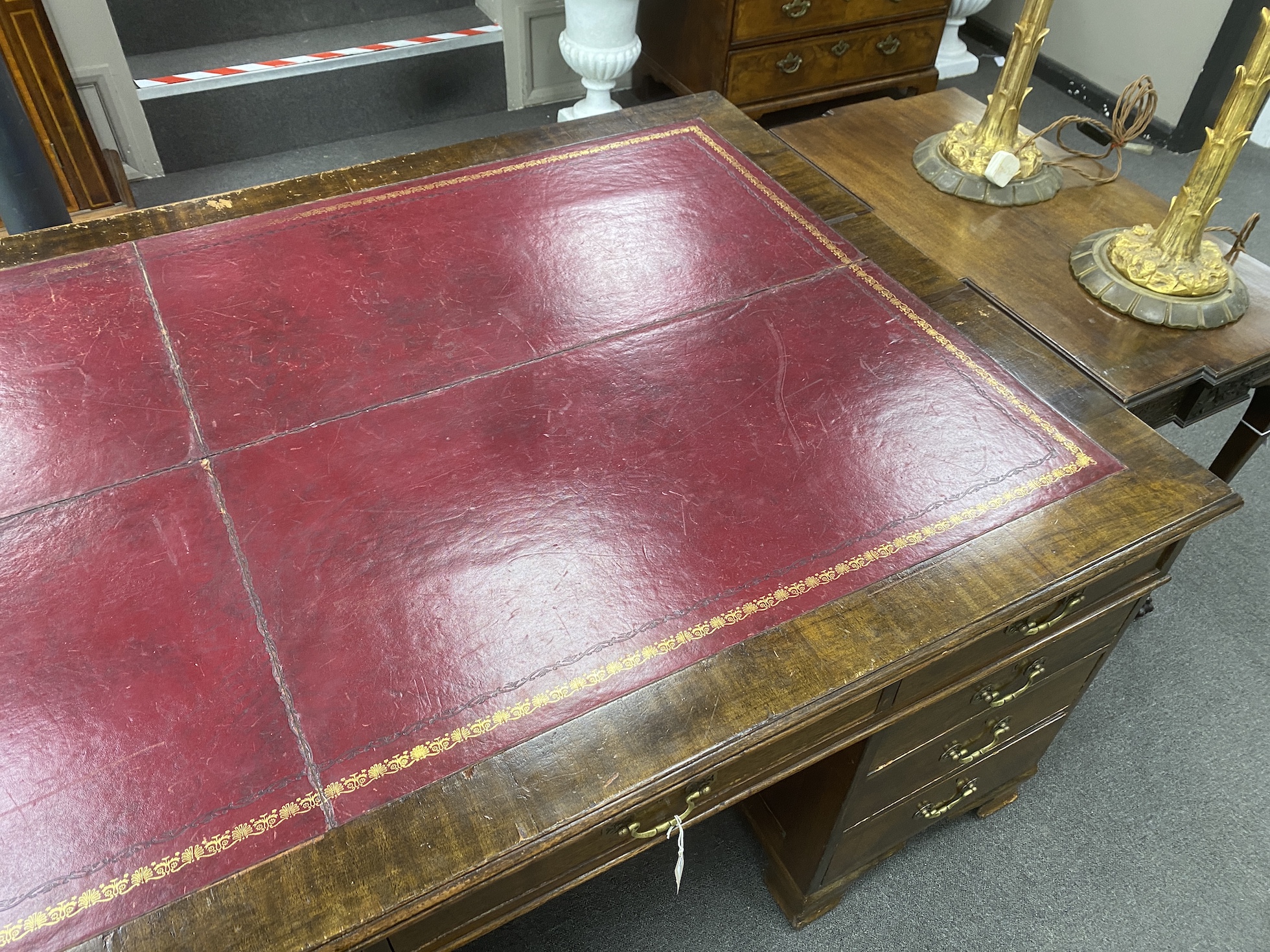 A large 1920's George III mahogany pedestal partner's desk, two drawers Phillip, Bristol, length 214cm, width 120cm, height 78cm
